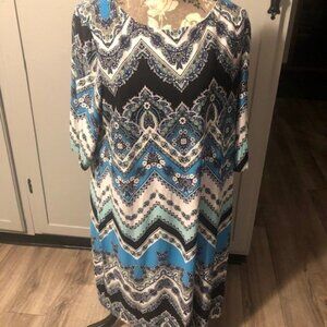 Blue White & Black Lined Chevron Dress